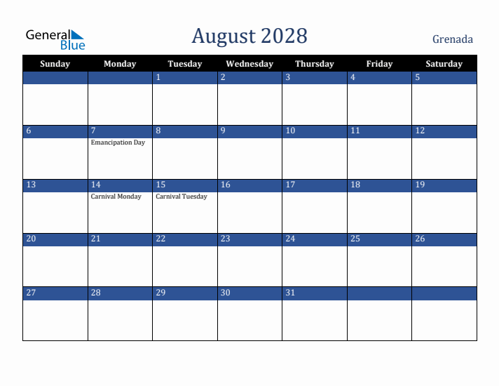 August 2028 Grenada Calendar (Sunday Start)