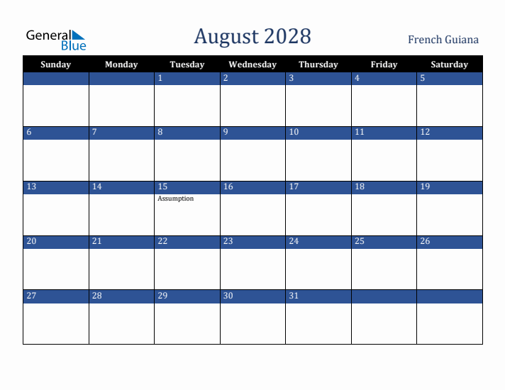 August 2028 French Guiana Calendar (Sunday Start)