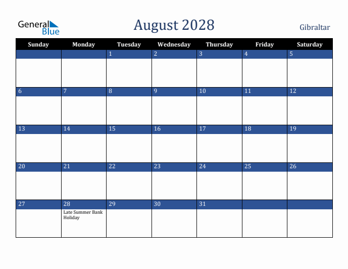 August 2028 Gibraltar Calendar (Sunday Start)