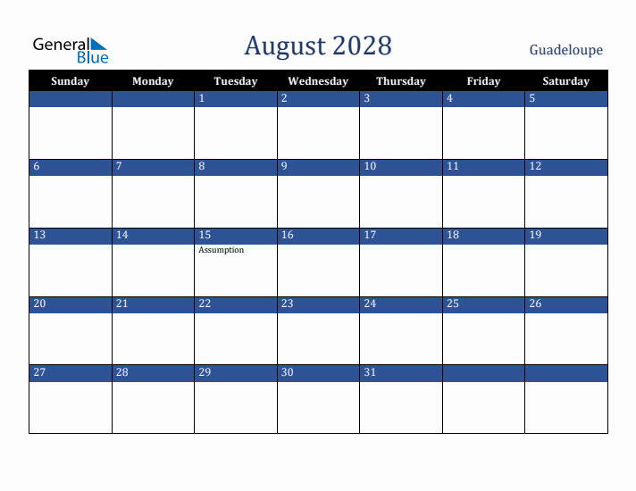 August 2028 Guadeloupe Calendar (Sunday Start)