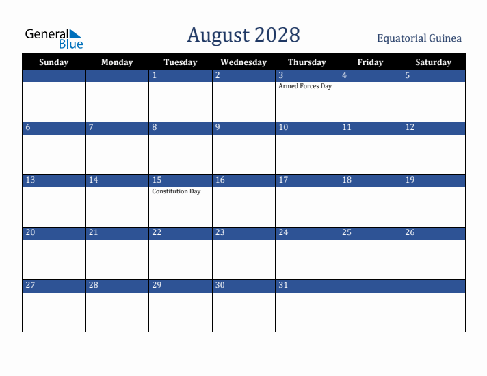 August 2028 Equatorial Guinea Calendar (Sunday Start)