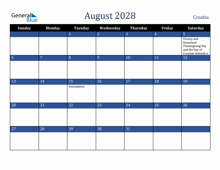 August 2028 Croatia Calendar (Sunday Start)