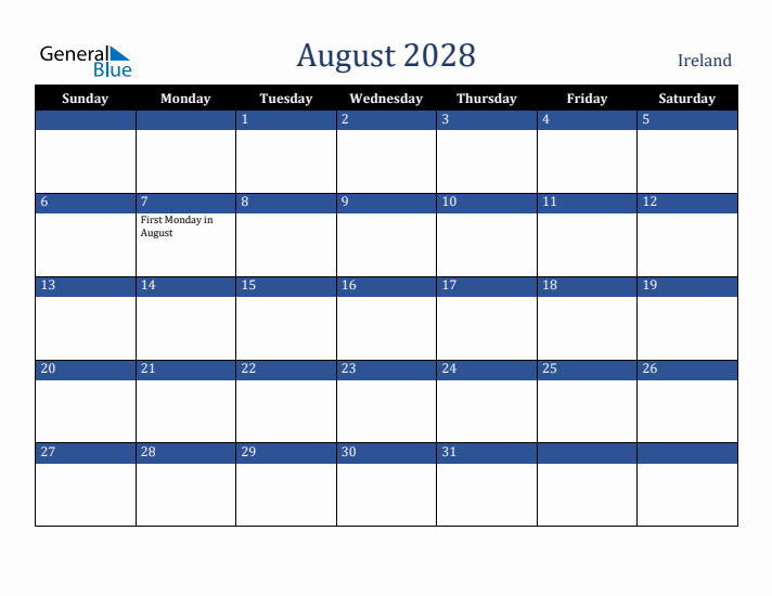 August 2028 Ireland Calendar (Sunday Start)