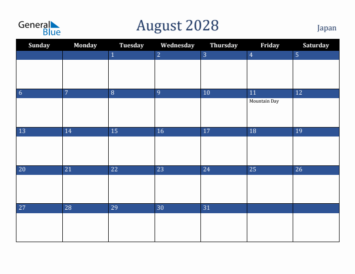 August 2028 Japan Calendar (Sunday Start)