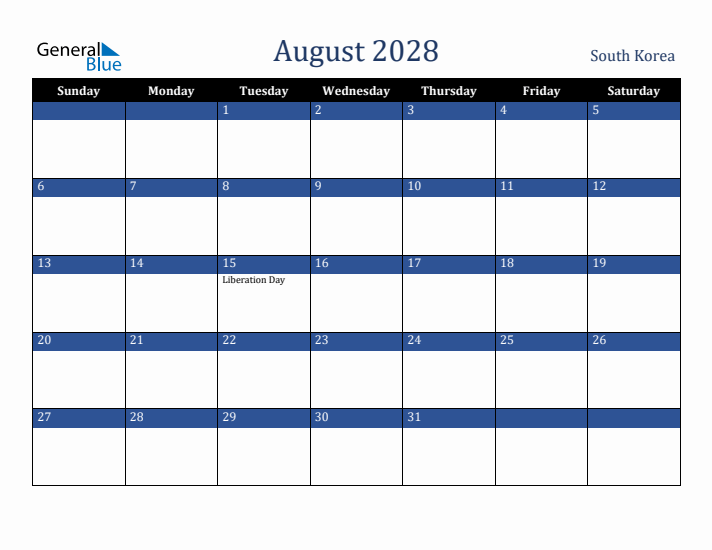 August 2028 South Korea Calendar (Sunday Start)