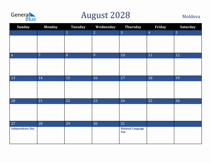 August 2028 Moldova Calendar (Sunday Start)