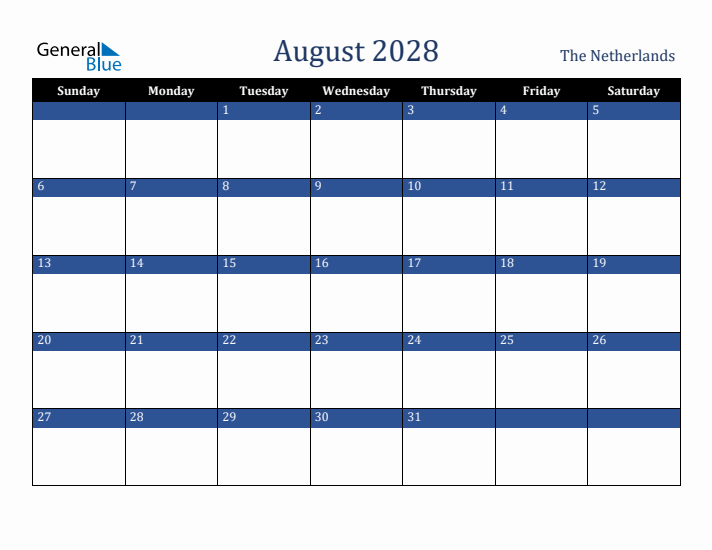 August 2028 The Netherlands Calendar (Sunday Start)