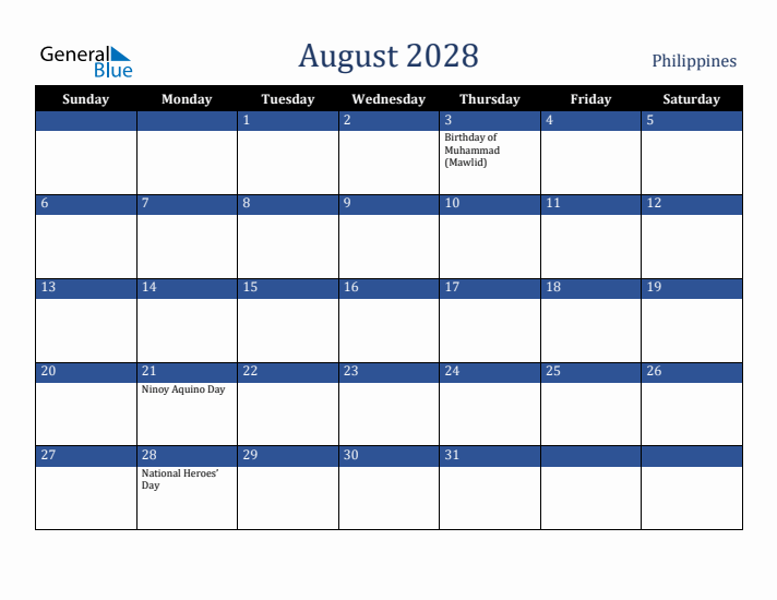 August 2028 Philippines Calendar (Sunday Start)