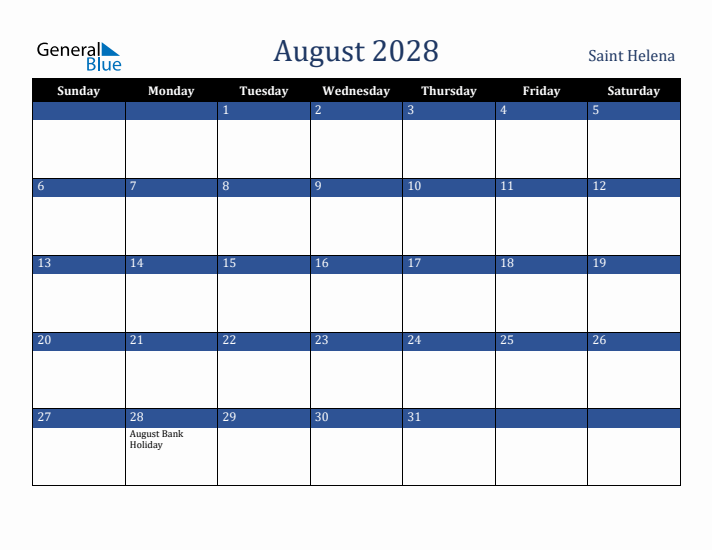 August 2028 Saint Helena Calendar (Sunday Start)