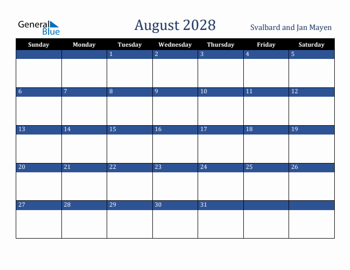 August 2028 Svalbard and Jan Mayen Calendar (Sunday Start)