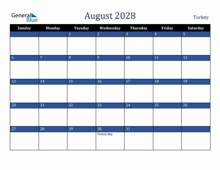 August 2028 Turkey Calendar (Sunday Start)