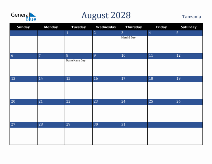 August 2028 Tanzania Calendar (Sunday Start)