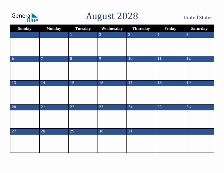August 2028 United States Calendar (Sunday Start)