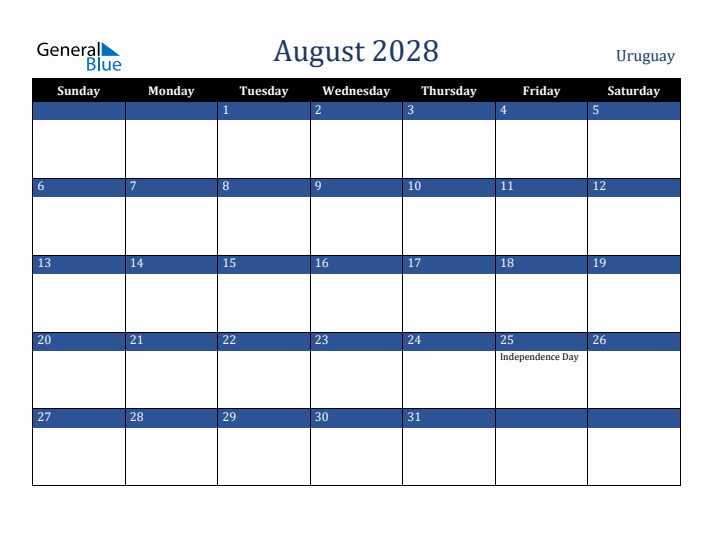 August 2028 Uruguay Calendar (Sunday Start)
