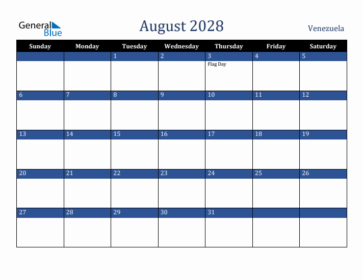August 2028 Venezuela Calendar (Sunday Start)