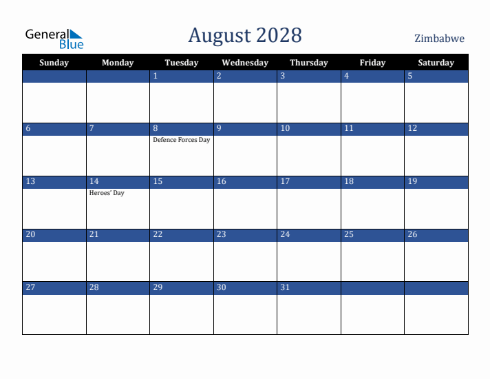 August 2028 Zimbabwe Calendar (Sunday Start)