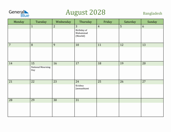 August 2028 Calendar with Bangladesh Holidays