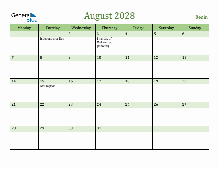 August 2028 Calendar with Benin Holidays