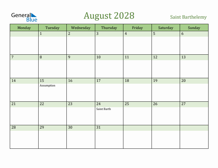 August 2028 Calendar with Saint Barthelemy Holidays