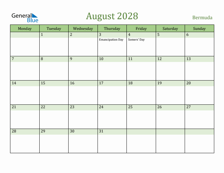August 2028 Calendar with Bermuda Holidays