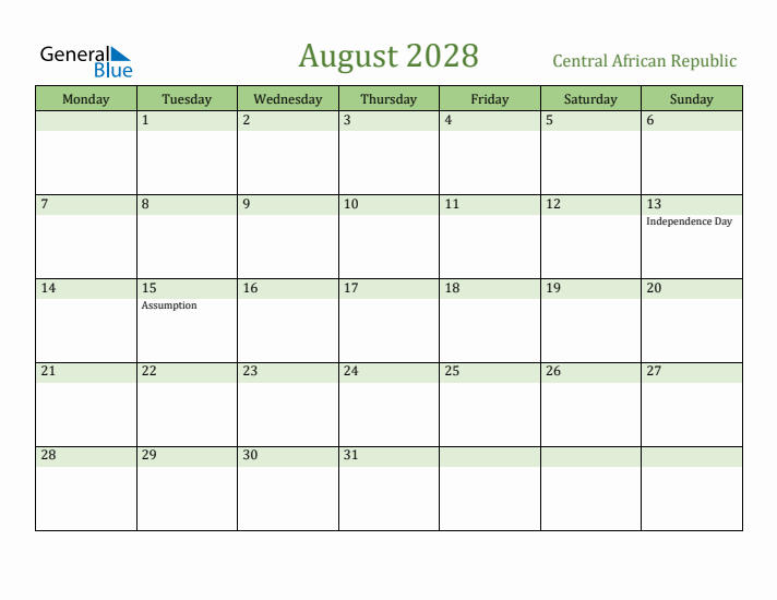 August 2028 Calendar with Central African Republic Holidays