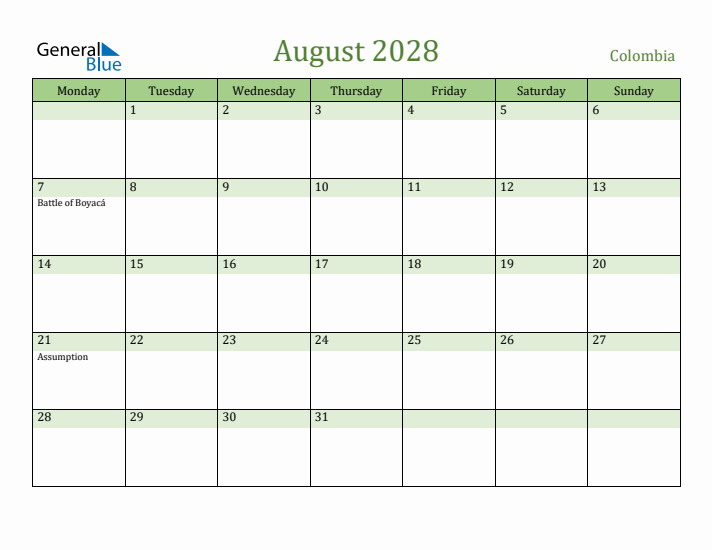 August 2028 Calendar with Colombia Holidays