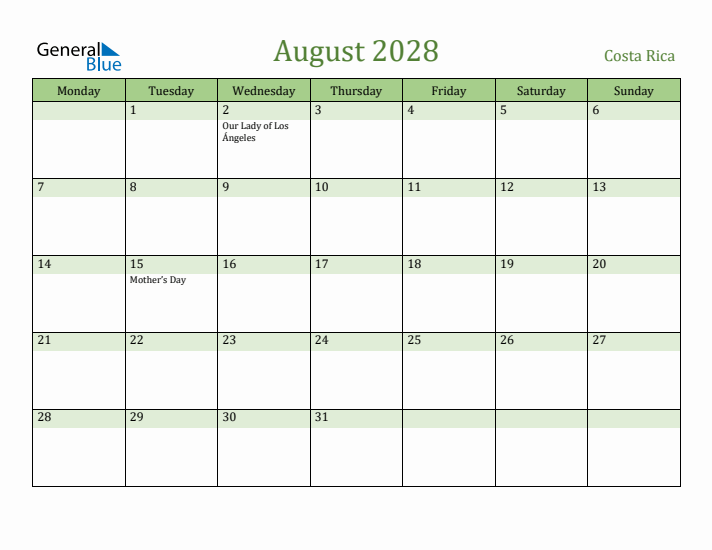 August 2028 Calendar with Costa Rica Holidays