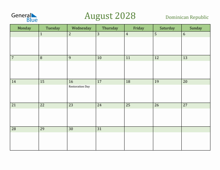 August 2028 Calendar with Dominican Republic Holidays