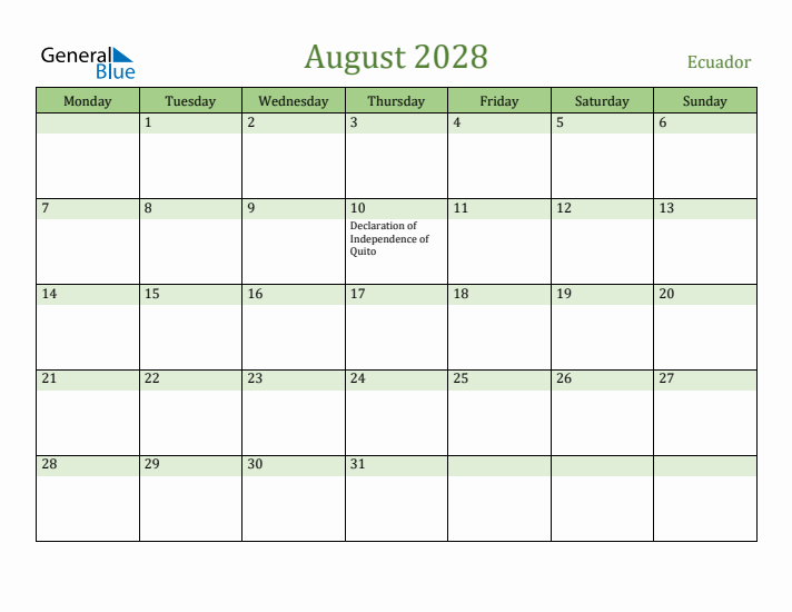 August 2028 Calendar with Ecuador Holidays