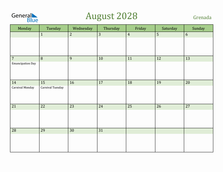 August 2028 Calendar with Grenada Holidays