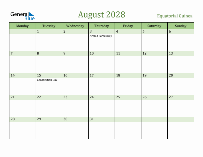 August 2028 Calendar with Equatorial Guinea Holidays