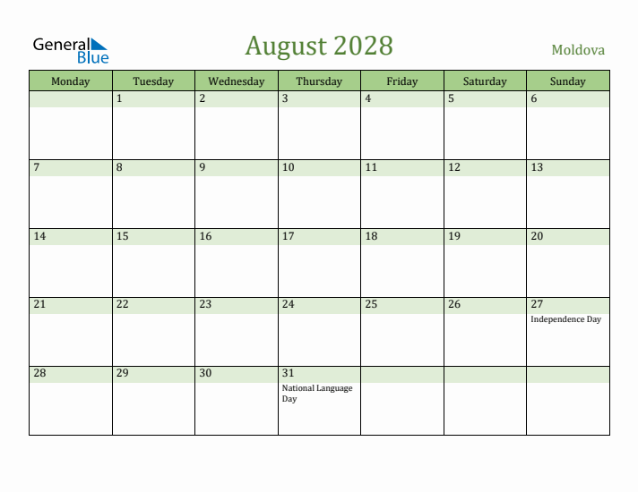 August 2028 Calendar with Moldova Holidays
