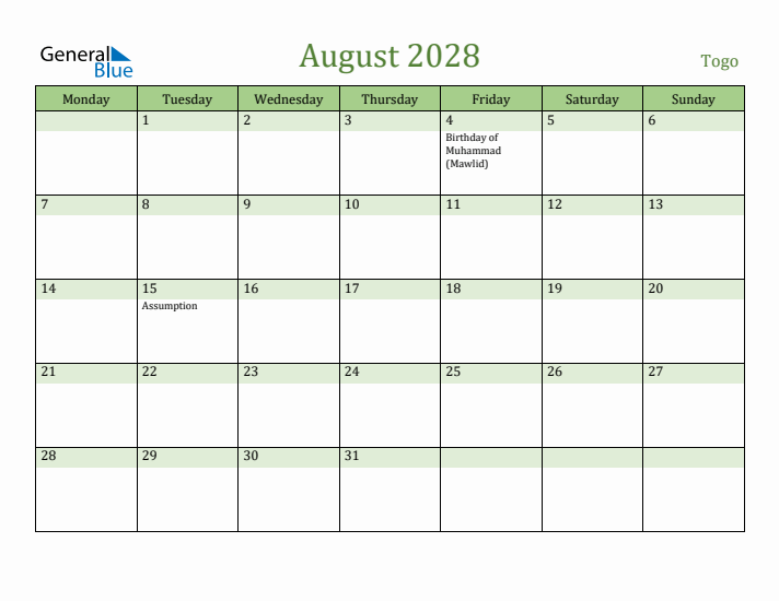 August 2028 Calendar with Togo Holidays