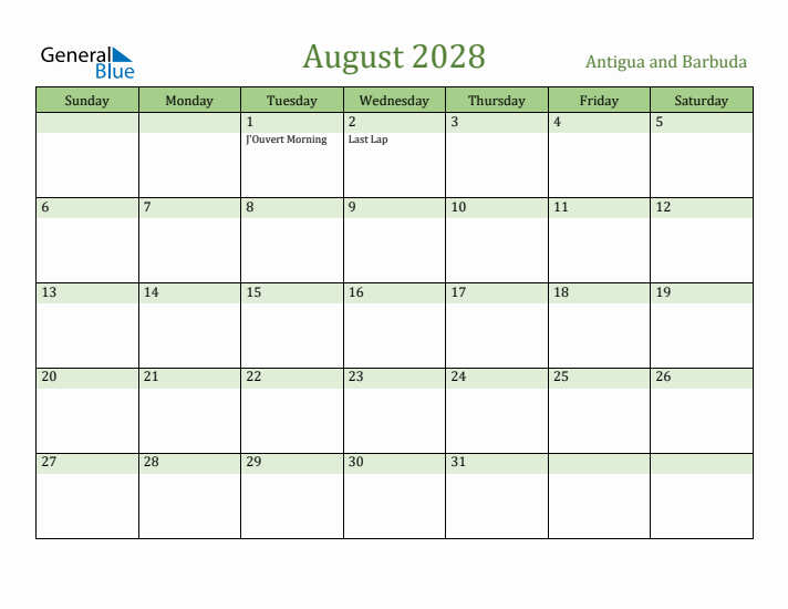 August 2028 Calendar with Antigua and Barbuda Holidays
