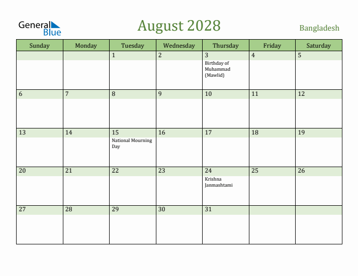 August 2028 Calendar with Bangladesh Holidays