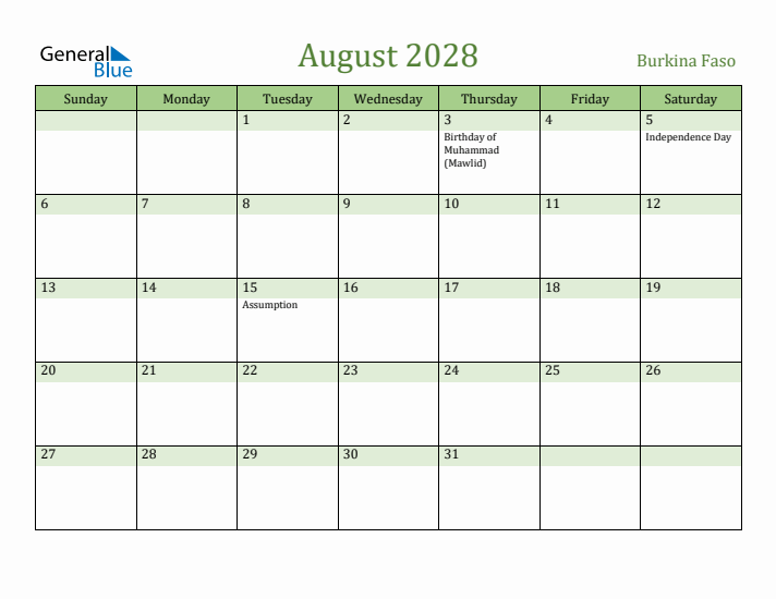 August 2028 Calendar with Burkina Faso Holidays