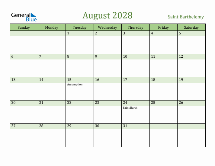 August 2028 Calendar with Saint Barthelemy Holidays