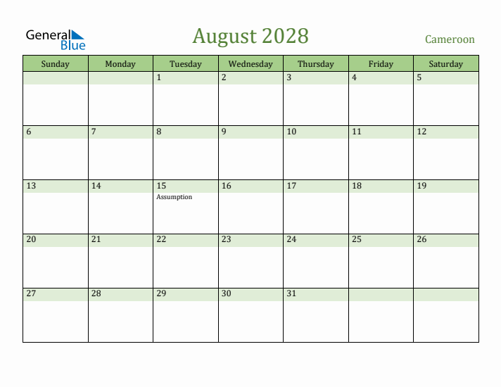 August 2028 Calendar with Cameroon Holidays