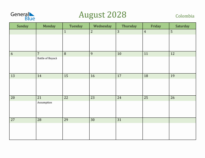August 2028 Calendar with Colombia Holidays