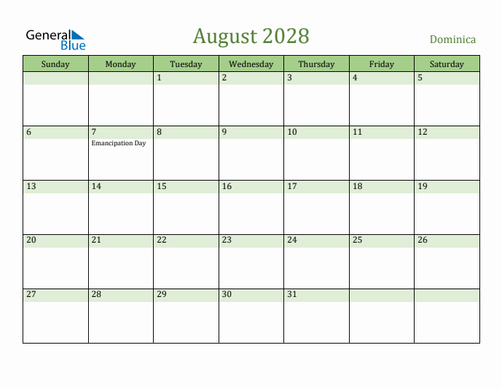 August 2028 Calendar with Dominica Holidays