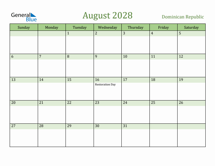 August 2028 Calendar with Dominican Republic Holidays