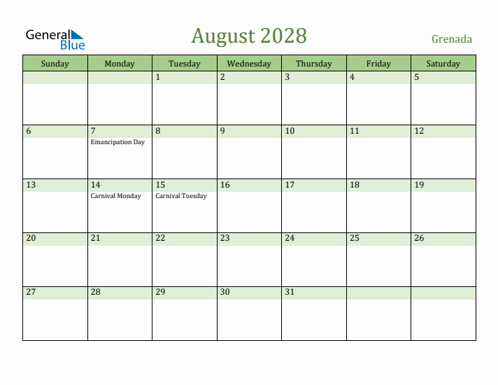 August 2028 Calendar with Grenada Holidays
