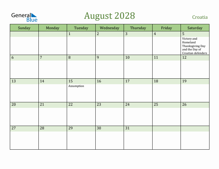 August 2028 Calendar with Croatia Holidays
