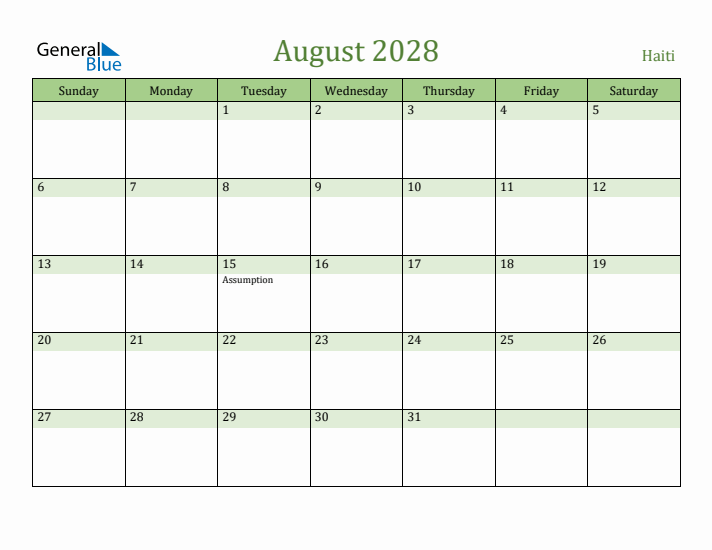 August 2028 Calendar with Haiti Holidays