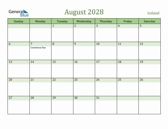 August 2028 Calendar with Iceland Holidays