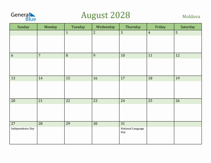 August 2028 Calendar with Moldova Holidays