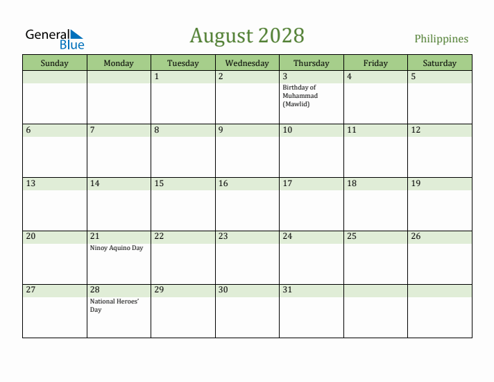 August 2028 Calendar with Philippines Holidays
