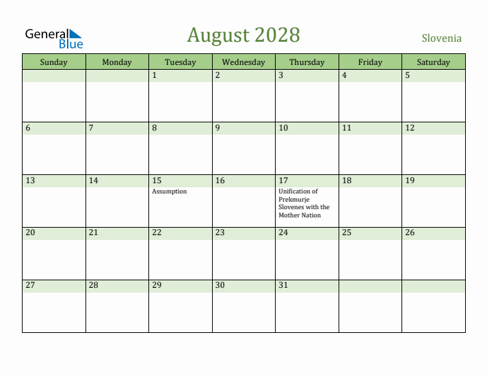 August 2028 Calendar with Slovenia Holidays