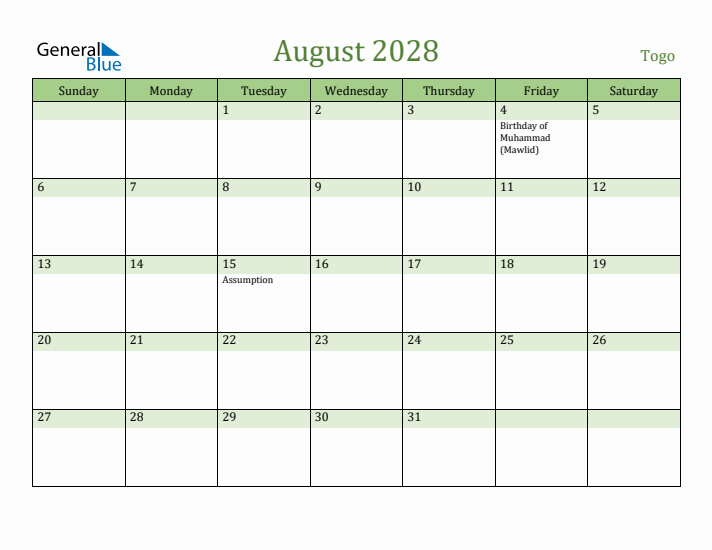 August 2028 Calendar with Togo Holidays