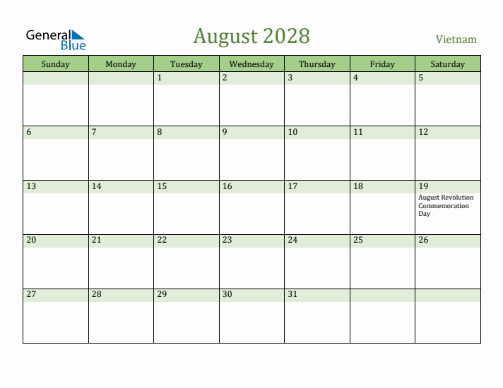 August 2028 Calendar with Vietnam Holidays